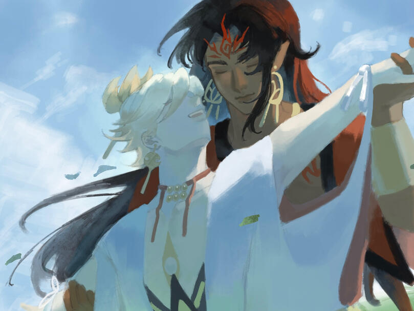 Bust up (rendered) + background + extra character